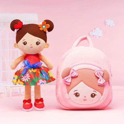 Personalized Brown Skin Red Flower Girl Doll + Backpack