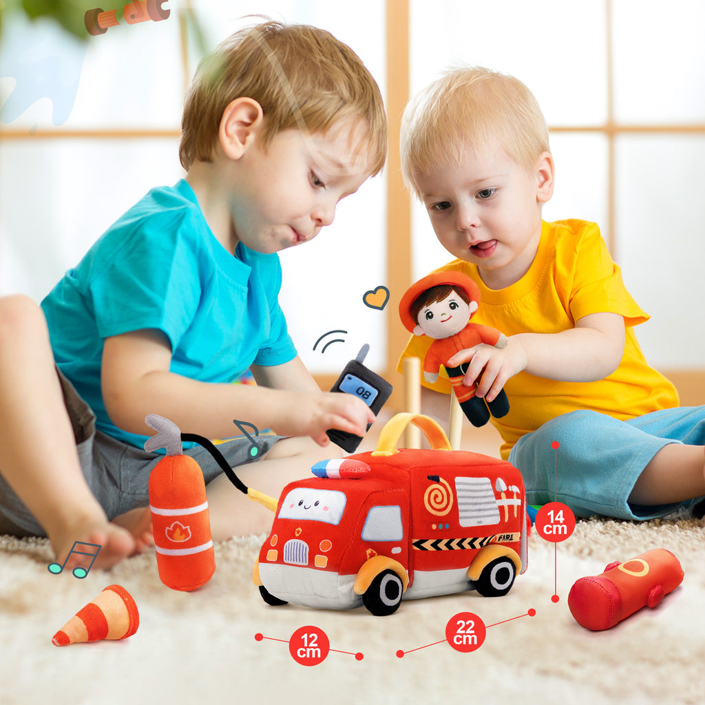 Personalized Baby's First Fire Truck Plush Sensory Toy Set with 5 Firefighting Supplies