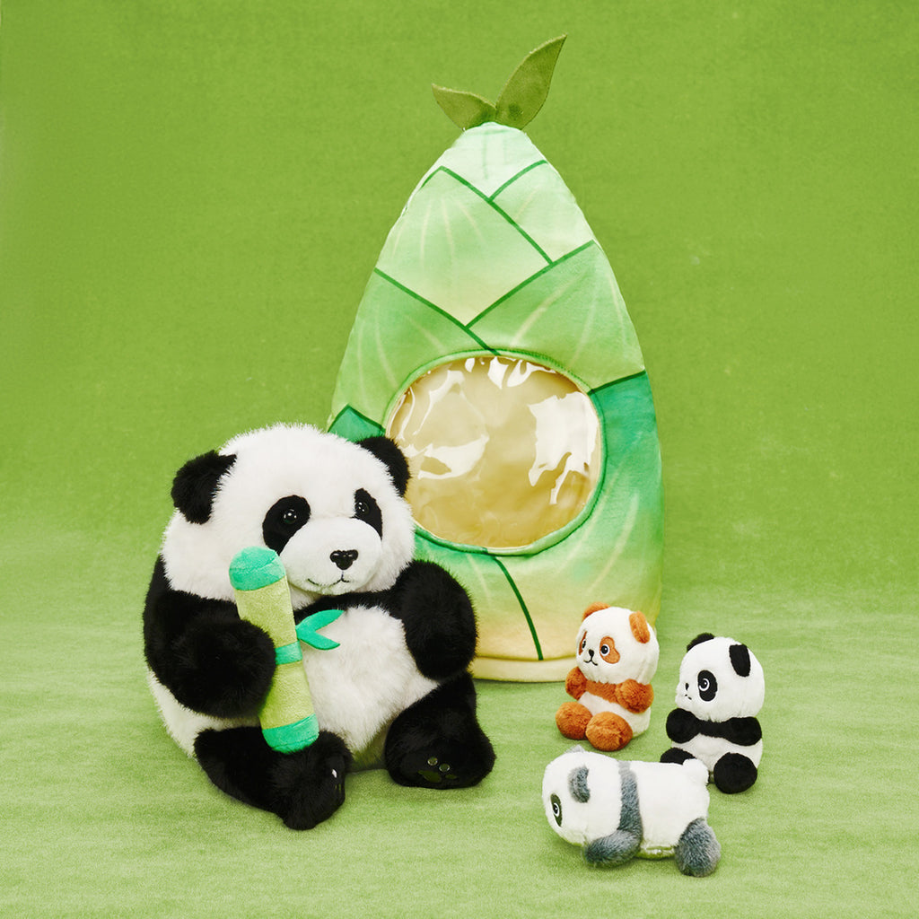 Plush Stuffed Panda Mommy with 3 Babies in Bamboo Bag Set