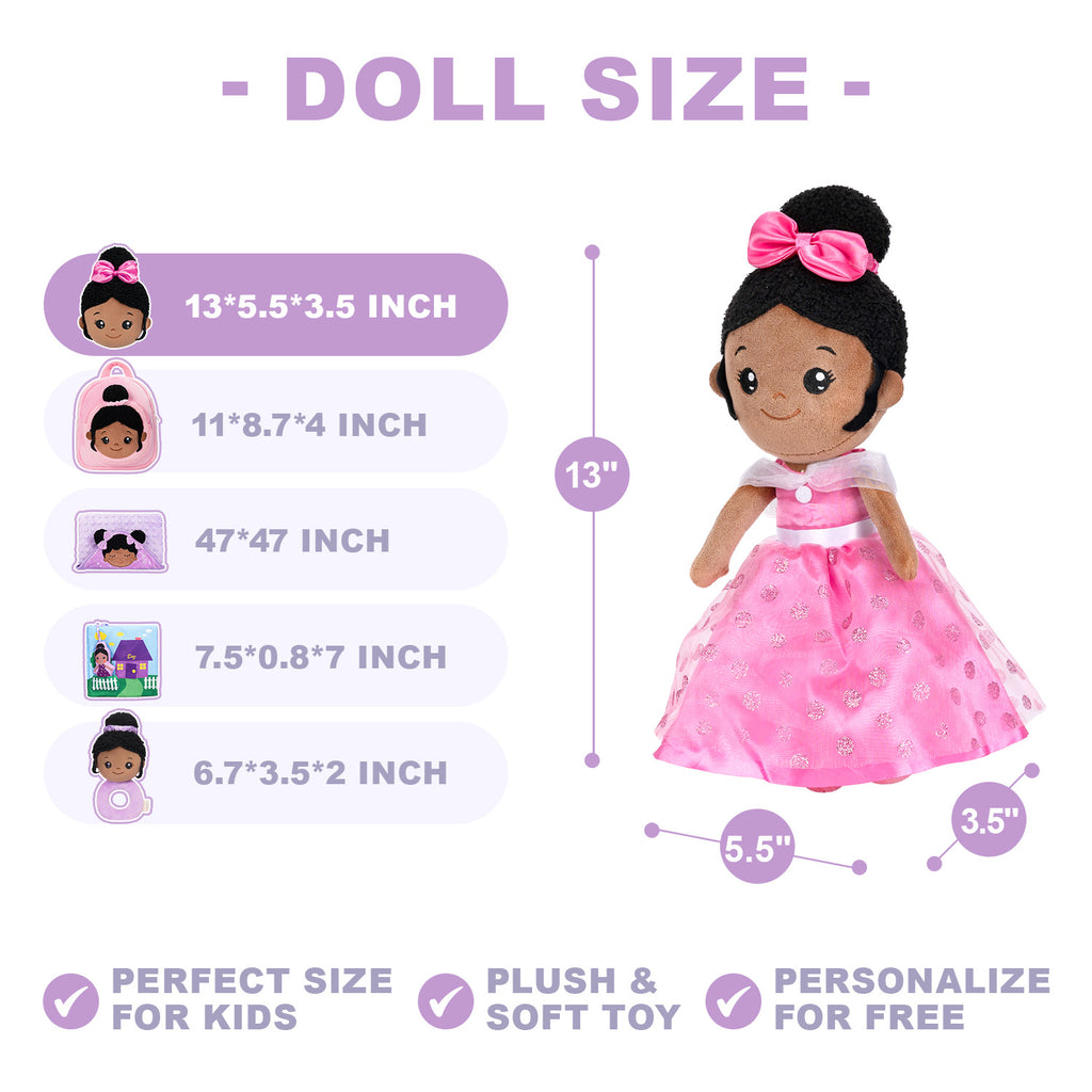 Personalized Deep Skin Tone Plush Princess Pink Doll + Backpack