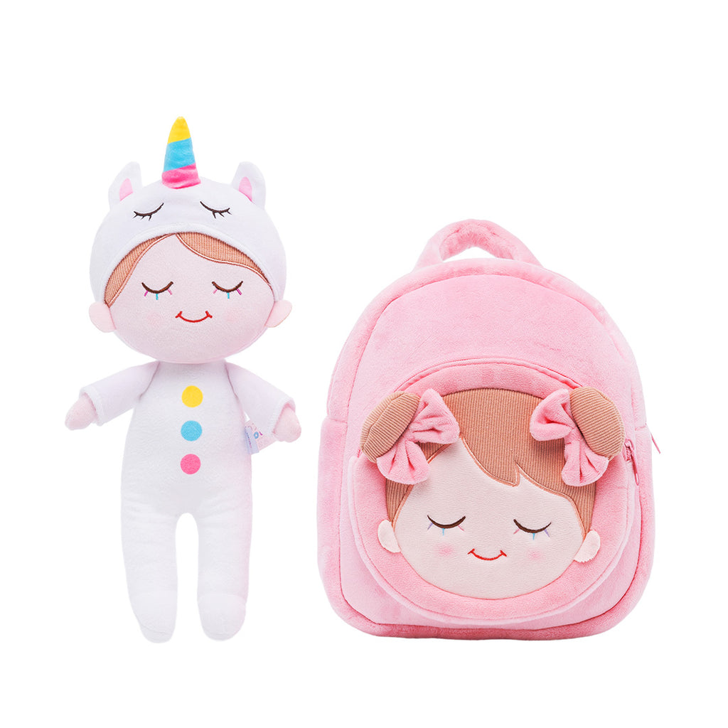 Personalized Iris White Unicorn Girl Doll + Backpack