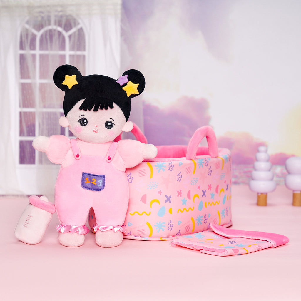 Personalized Black Hair Mini Plush Rag Baby Doll & Gift Set