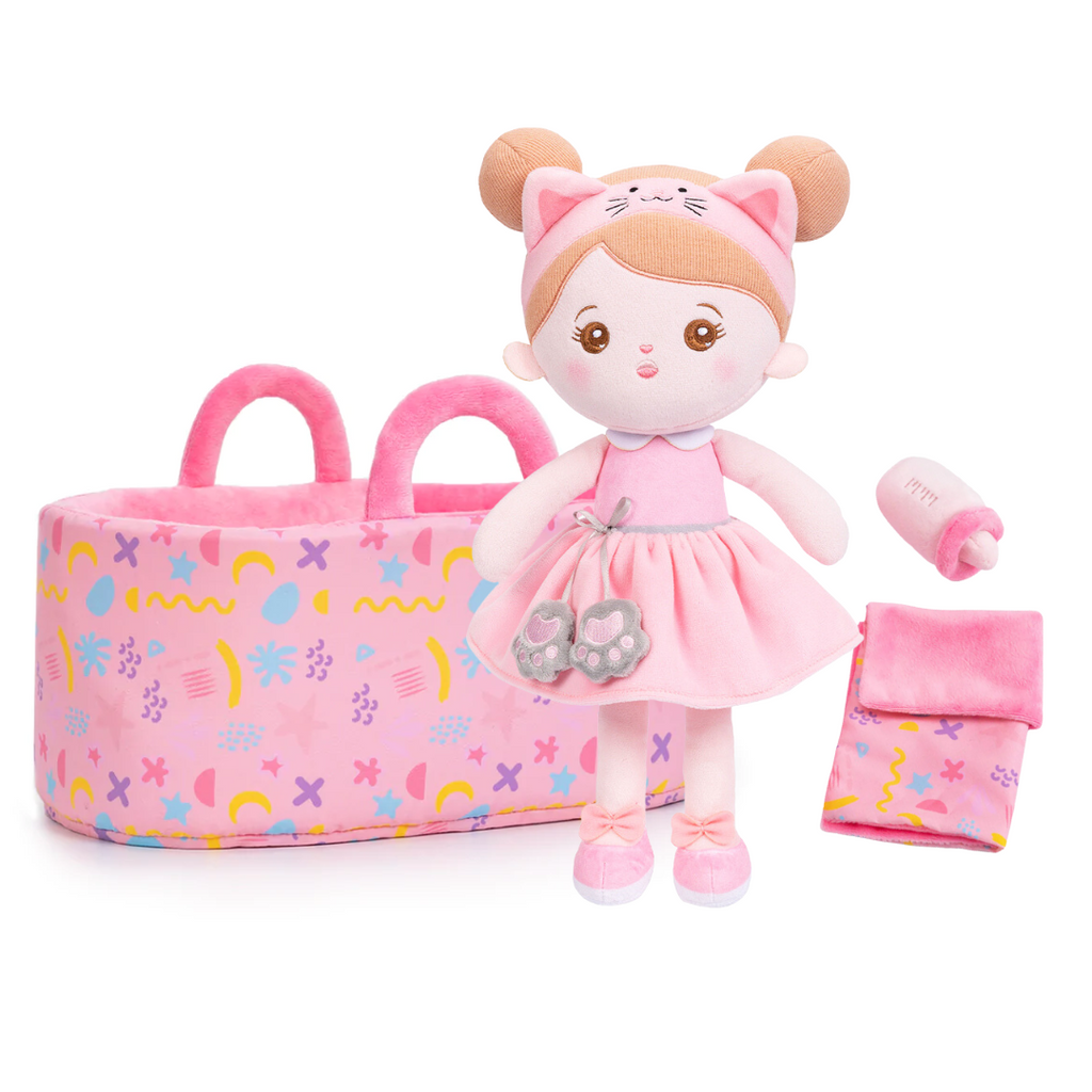 Personalized Pink Cat Girl Doll + Cloth Basket Gift Set