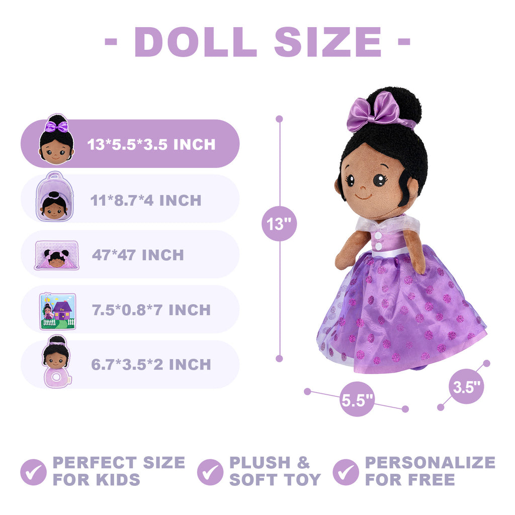 Personalized Deep Skin Tone Plush Purple Princess Doll + Backpack