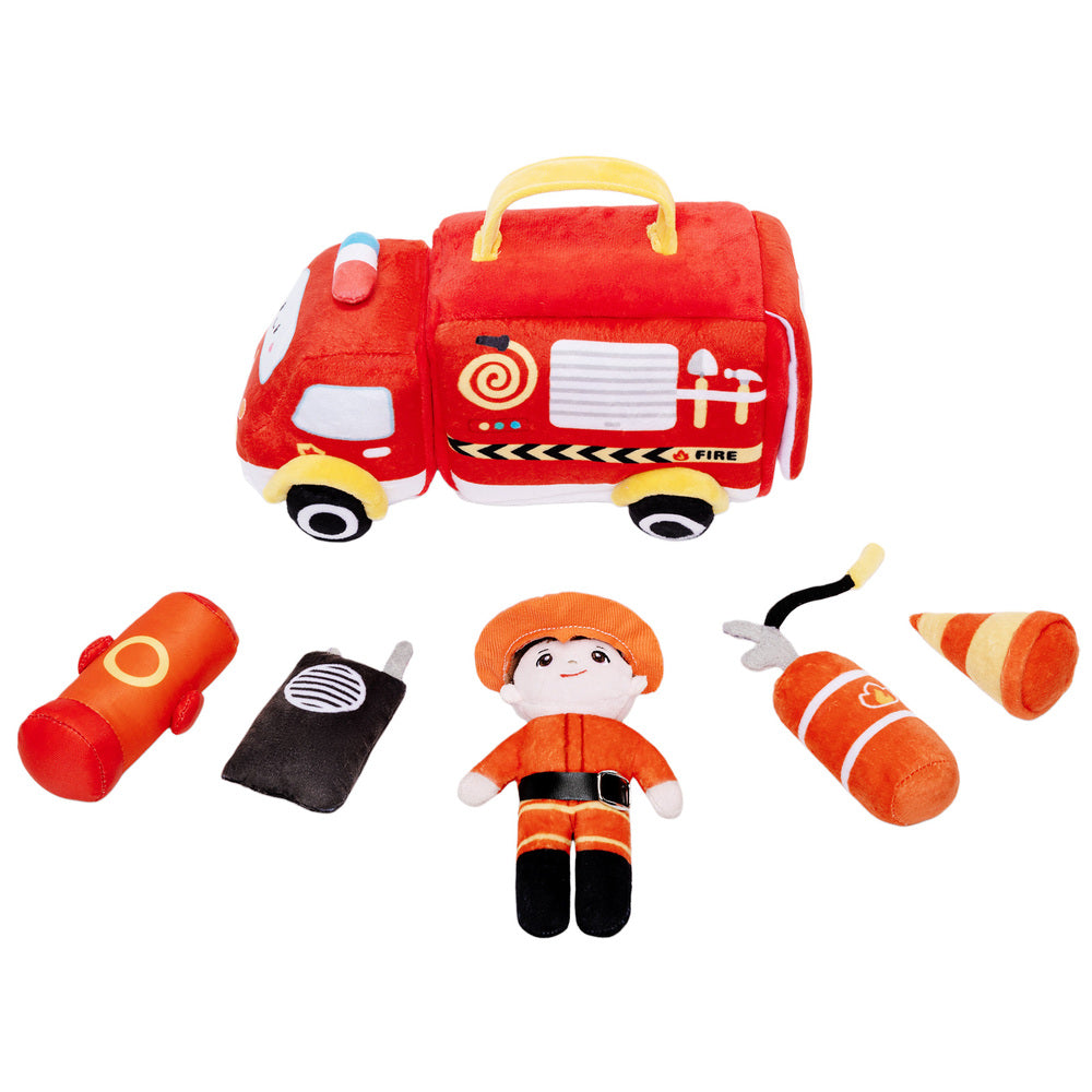 Personalized Baby's First Fire Truck Plush Sensory Toy Set with 5 Firefighting Supplies
