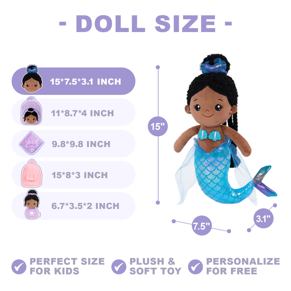 Personalized Deep Skin Tone Mermaid Plush Doll + Backpack