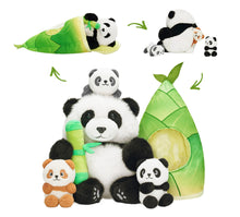 Load image into Gallery viewer, Panda Mommy Plush Stuffed Animal with 3 Babies in Bamboo Bag Set