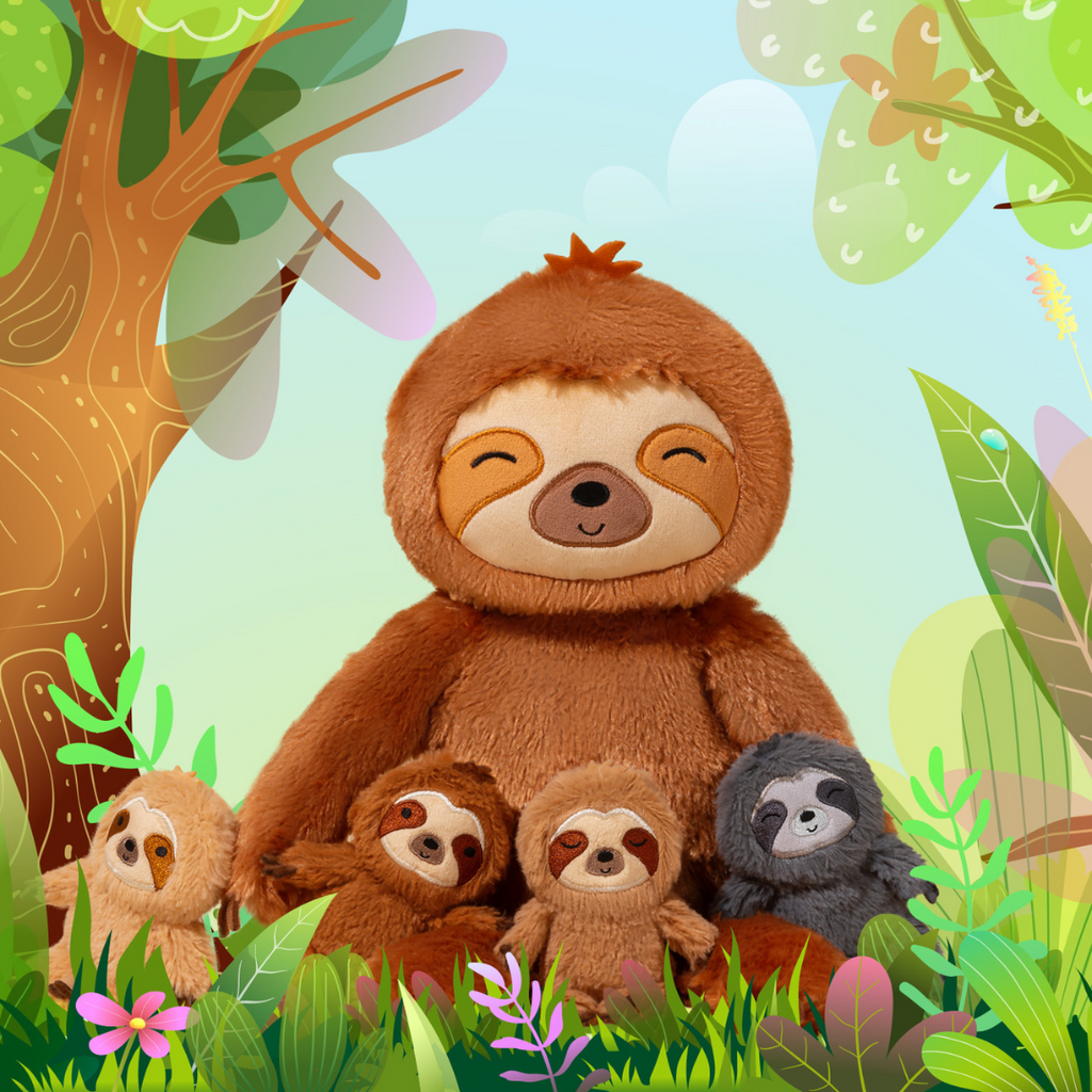 Sloth Family with 4 Babies Plush Playset Animals Stuffed Gift Set for Toddler