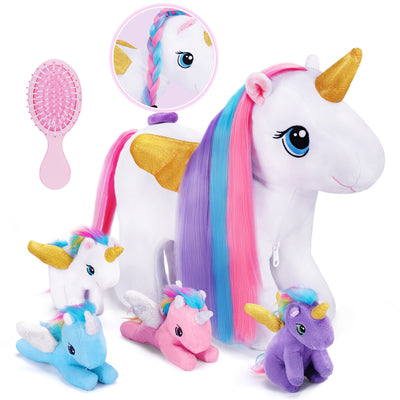 Rapunzelcorn Rainbow Hair Unicorn Mommy Stuffed Animal with 4 Babies