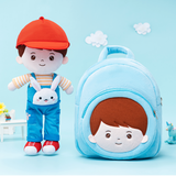 Personalized Rabbit Overalls Plush Baby Boy Doll + Backpack