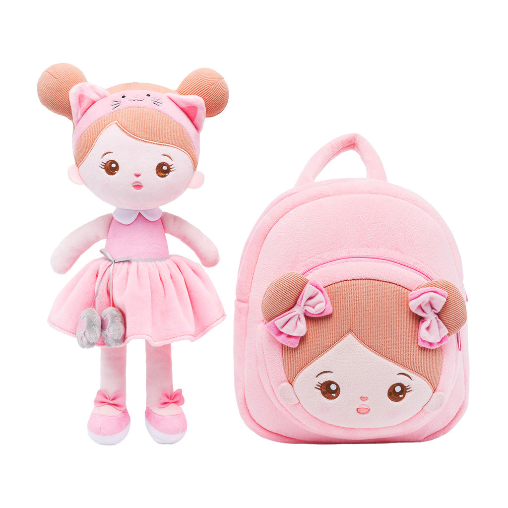 Personalized Pink Cat Plush Baby Girl Doll + Backpack