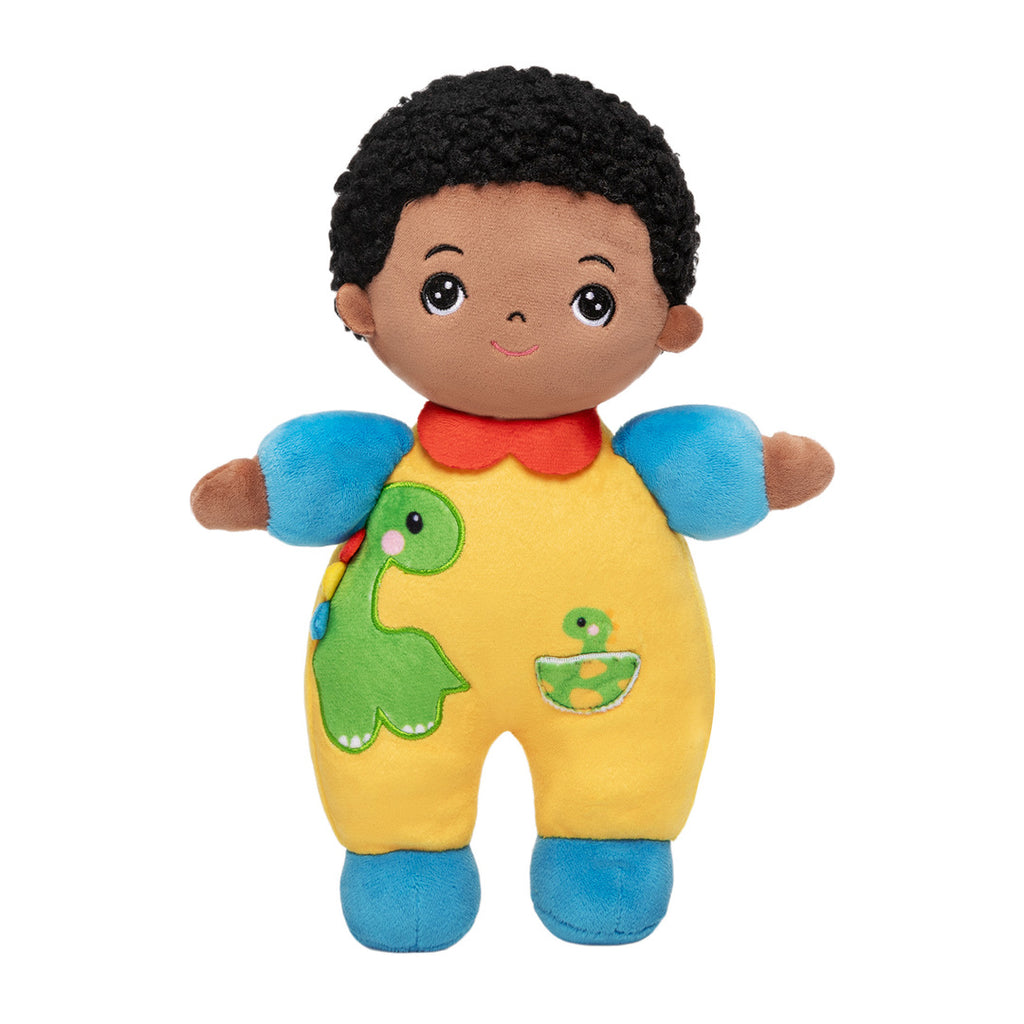 Personalized Dark Skin Tone Plush Baby Boy Doll with Dinosaur Romper