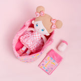 Personalized Pink Plaid Skirt Girl Doll + Cloth Basket Gift Set