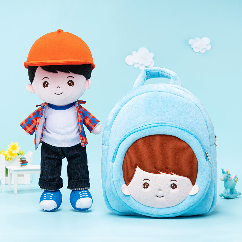 Personalized Plaid Jacket Plush Baby Boy Doll + Backpack