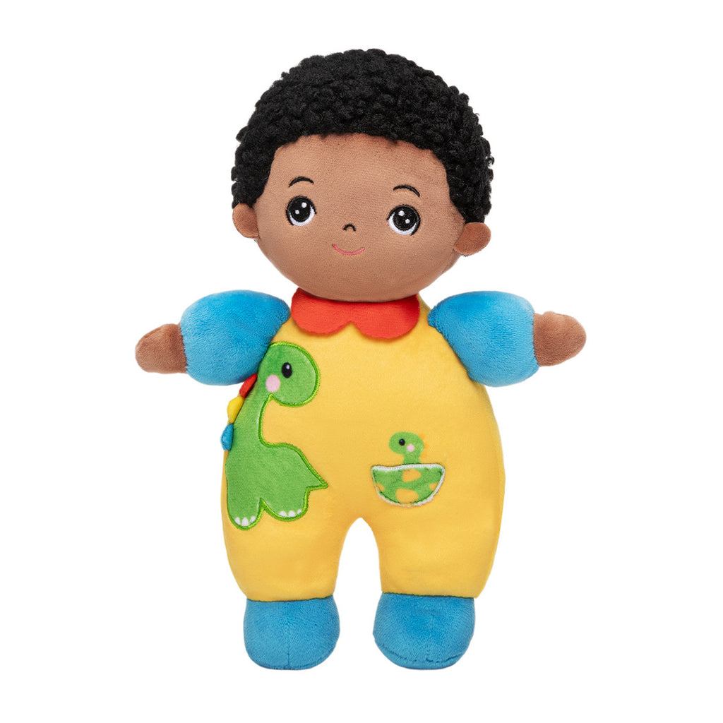 Personalized Dark Skin Tone Plush Baby Boy Doll with Dinosaur Romper