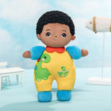 Load image into Gallery viewer, Personalized Dark Skin Tone Plush Baby Boy Doll with Dinosaur Romper