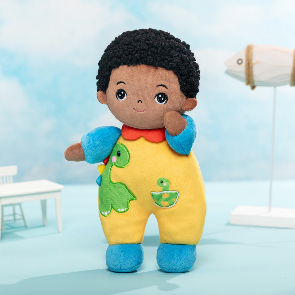 Personalized Dark Skin Tone Plush Baby Boy Doll with Dinosaur Romper