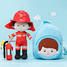 Load image into Gallery viewer, Personalized Firemen Plush Baby Boy Doll + Backpack