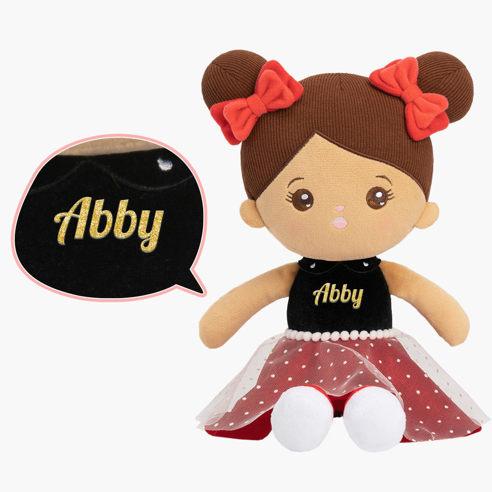 Personalized Red Dress Deep Skin Girl Doll + Backpack