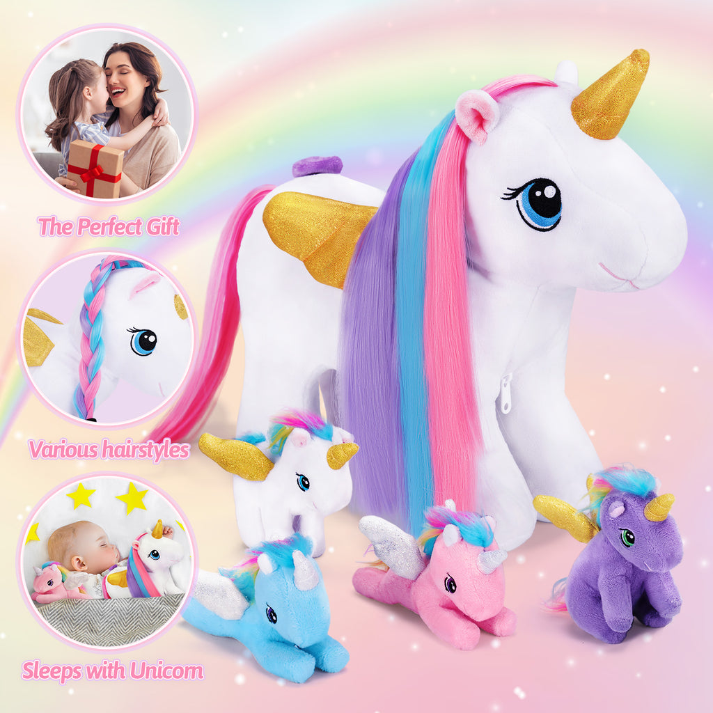 Rapunzelcorn Rainbow Hair Unicorn Mommy Stuffed Animal with 4 Babies Unicorn Inside