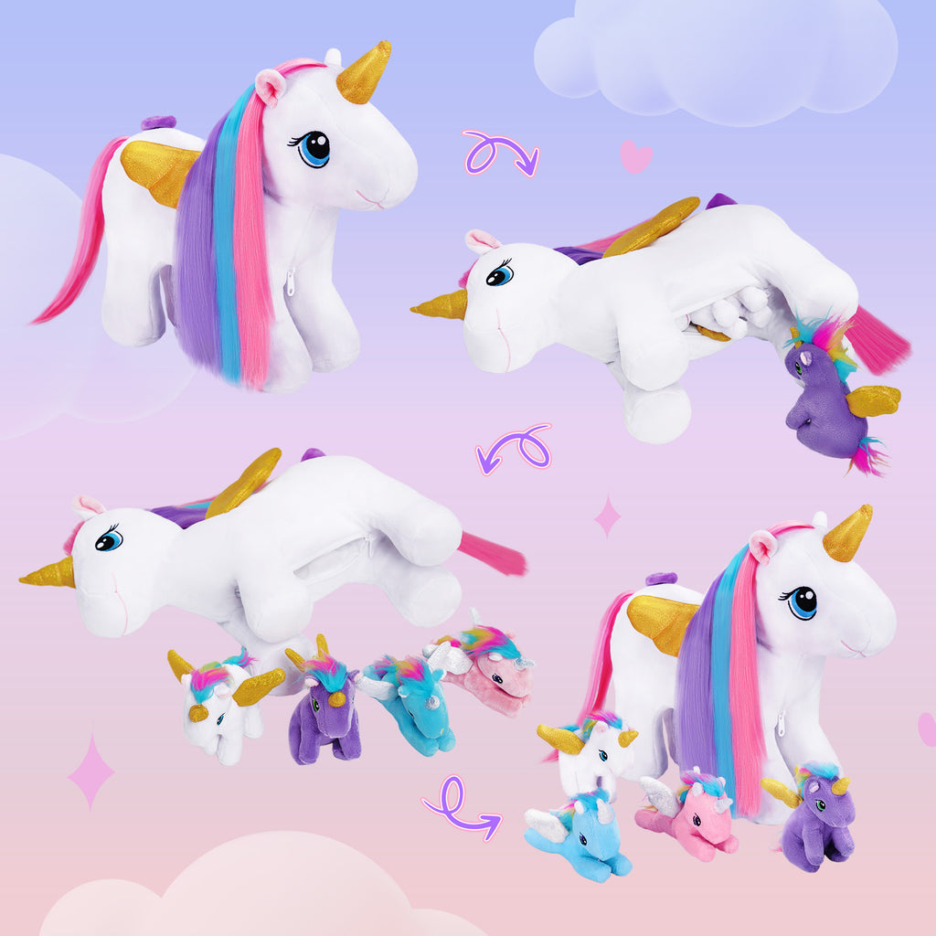 Rapunzelcorn Rainbow Hair Unicorn Mommy Stuffed Animal with 4 Babies Unicorn Inside