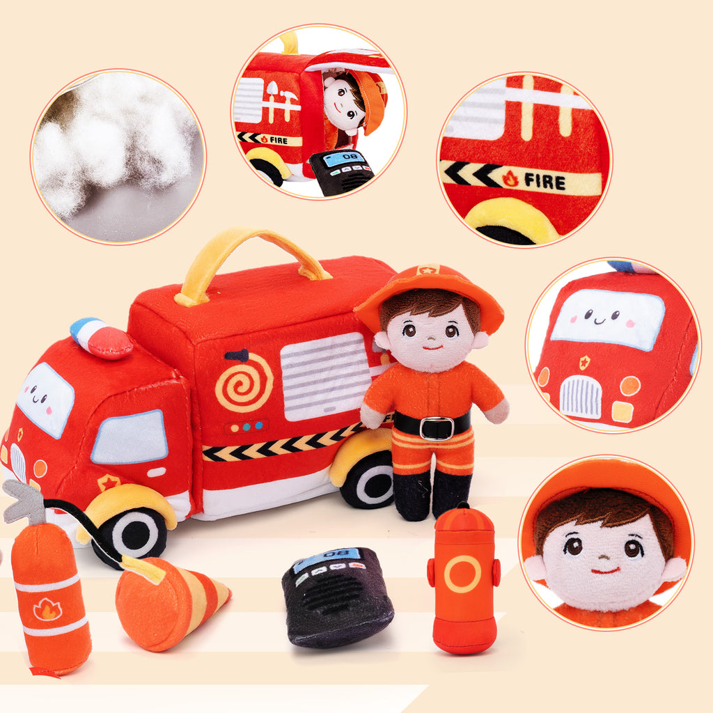 Personalized Baby's First Fire Truck Plush Sensory Toy Set with 5 Firefighting Supplies