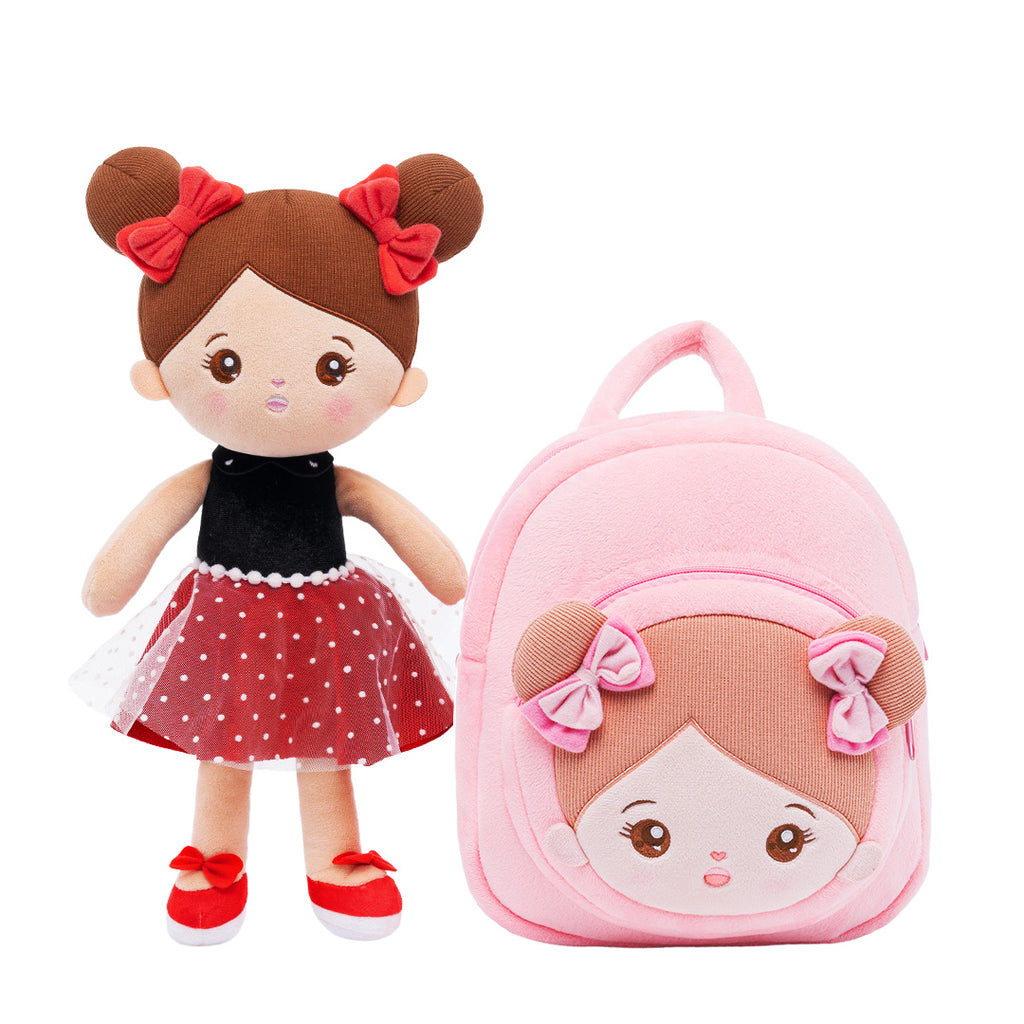 Personalized Red Dress Deep Skin Girl Doll + Backpack