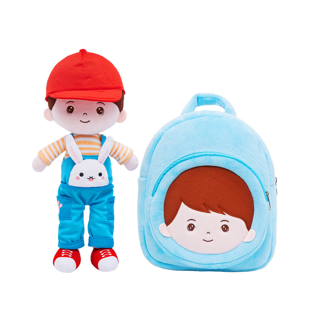 Personalized Rabbit Overalls Plush Baby Boy Doll + Backpack