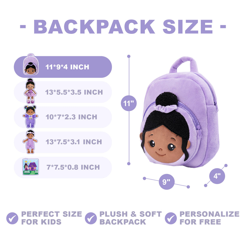 Personalized Deep Skin Tone Plush Blue Princess Doll + Backpack