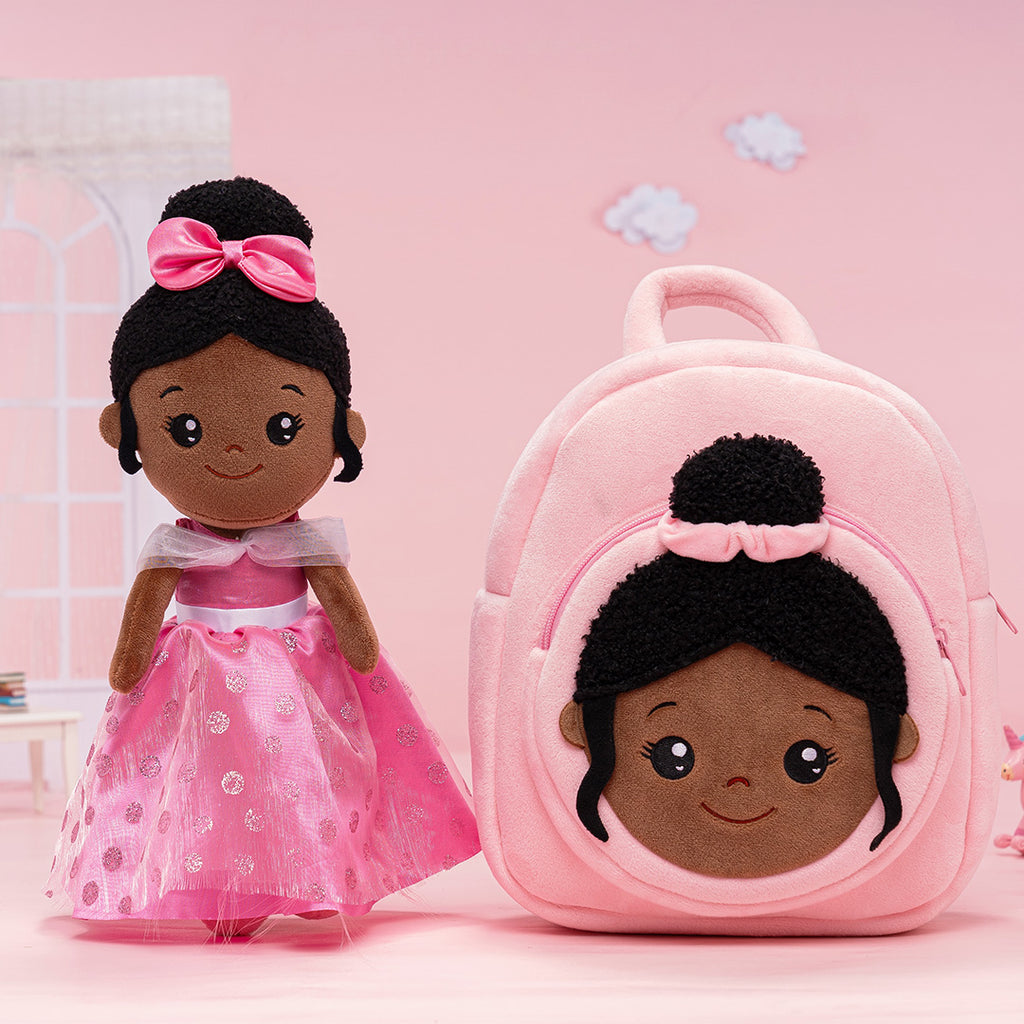 Personalized Deep Skin Tone Plush Princess Pink Doll + Backpack