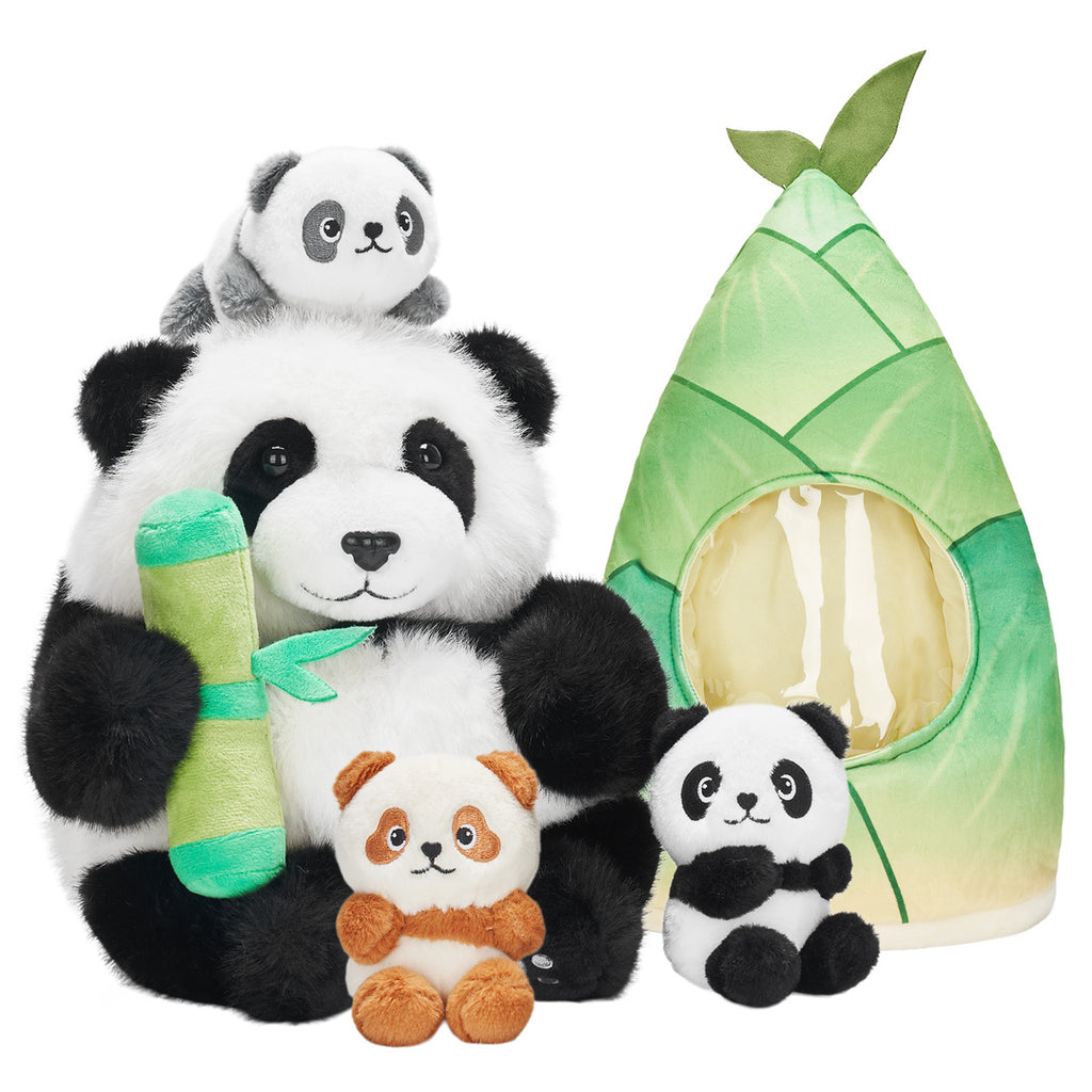 Panda Mommy Plush Stuffed Animal with 3 Babies in Bamboo Bag Set