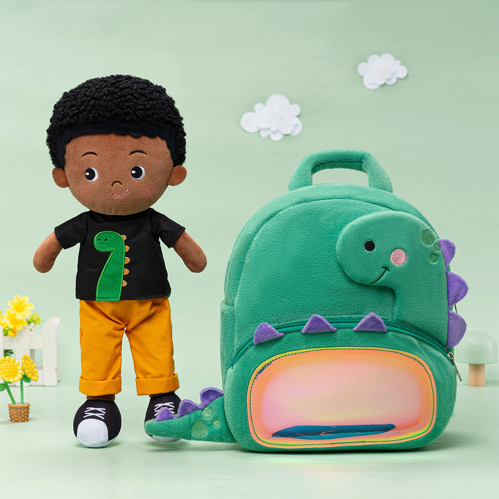 Personalized Deep Skin Tone Plush Cool Boy Doll + Backpack