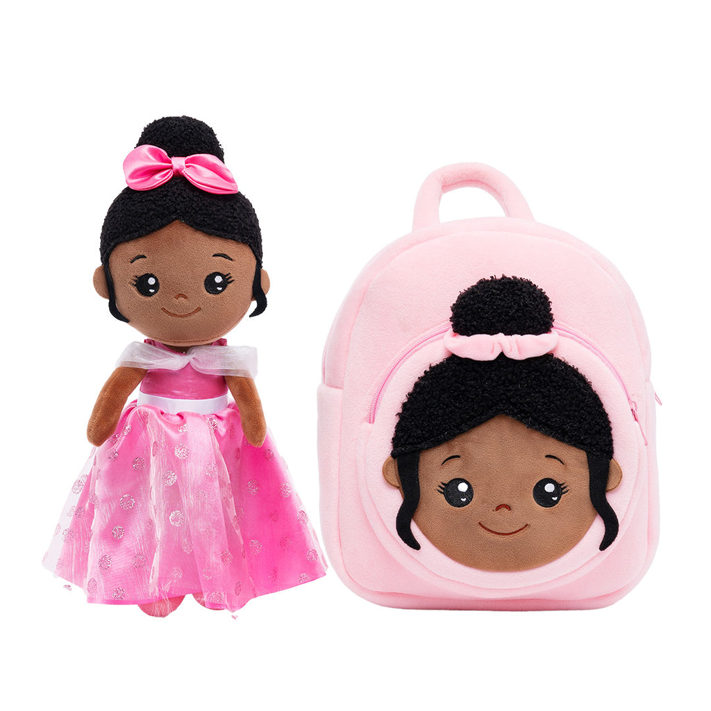 Personalized Deep Skin Tone Plush Princess Pink Doll + Backpack