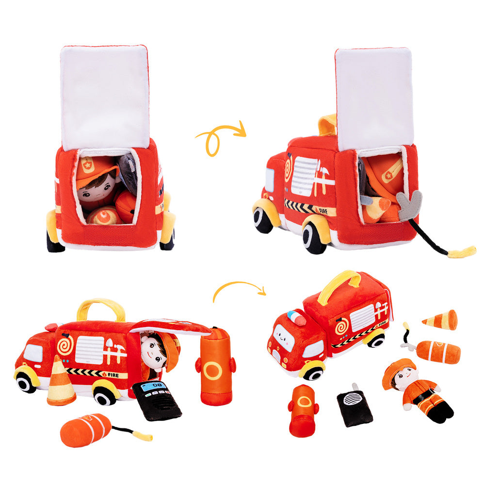 Personalized Baby's First Fire Truck Plush Sensory Toy Set with 5 Firefighting Supplies