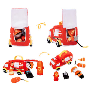 Personalized Baby's First Fire Truck Plush Sensory Toy Set with 5 Firefighting Supplies