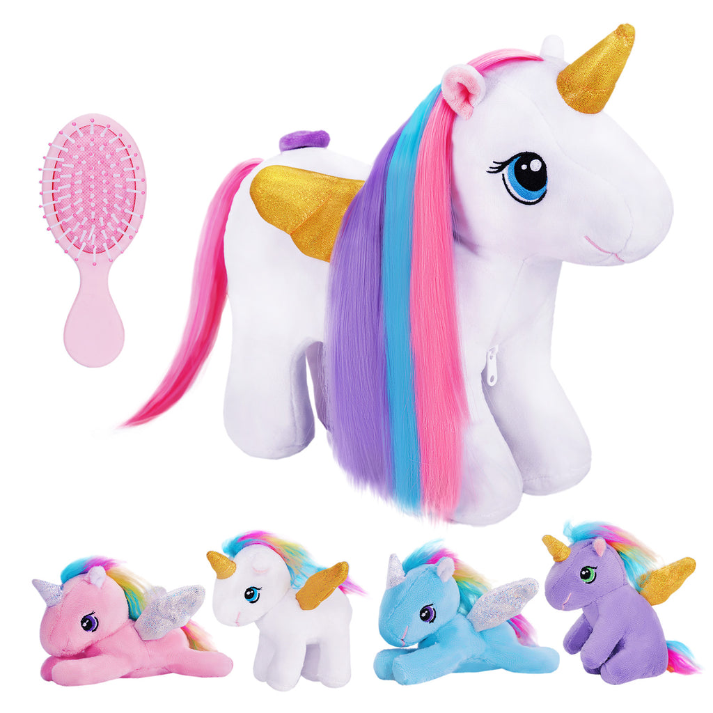 Rapunzelcorn Rainbow Hair Unicorn Mommy Stuffed Animal with 4 Babies Unicorn Inside