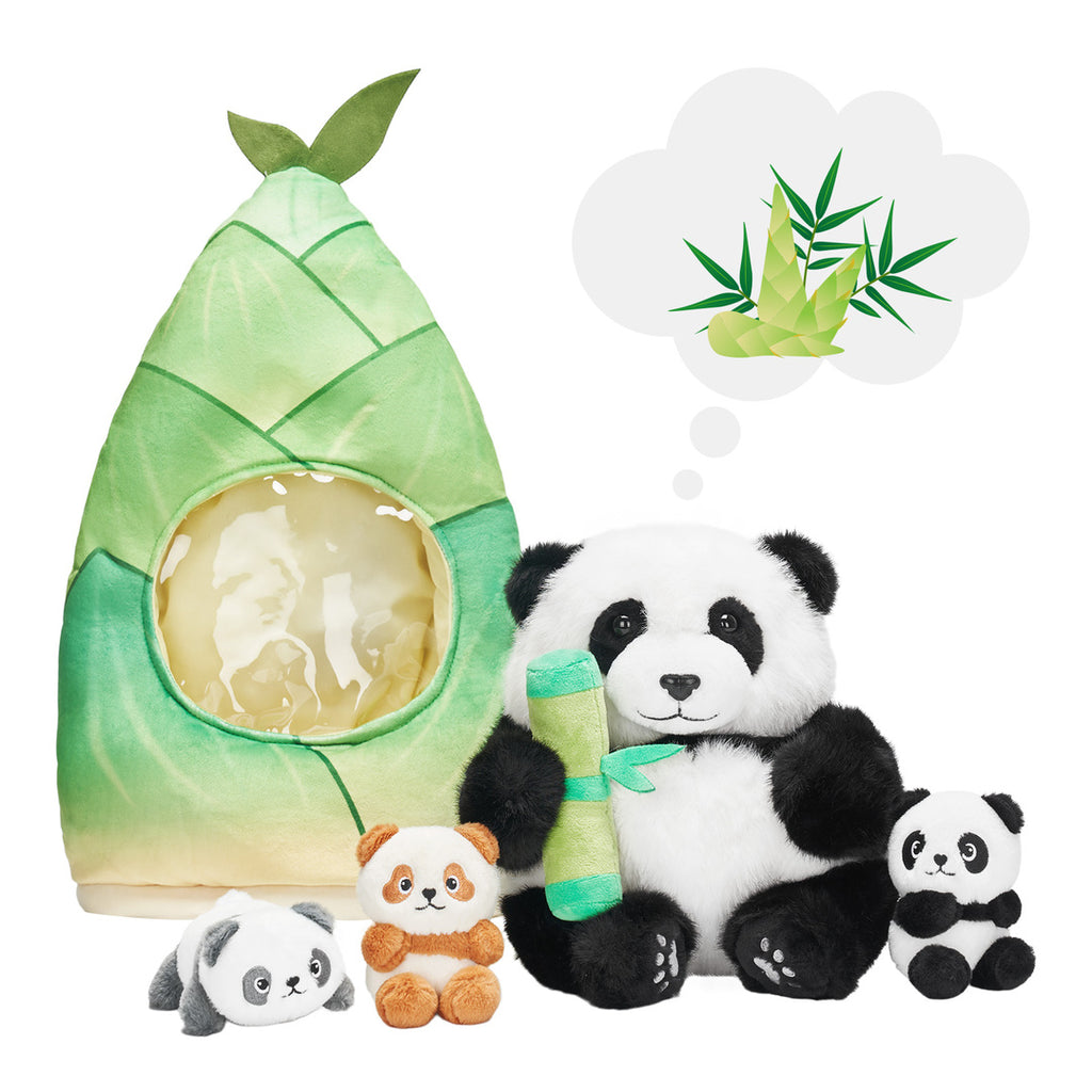 Panda Mommy Plush Stuffed Animal with 3 Babies in Bamboo Bag Set