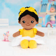 Load image into Gallery viewer, Personalized Yellow Deep Skin Tone Plush Baby Girl Doll