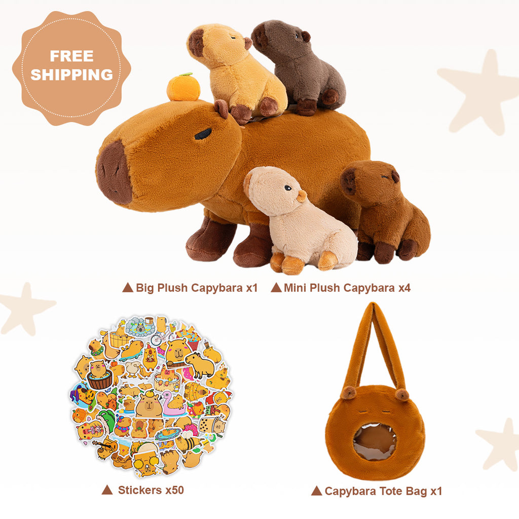 Capybara Family with 4 Babies Plush Playset Animals Stuffed Gift Set for Toddler