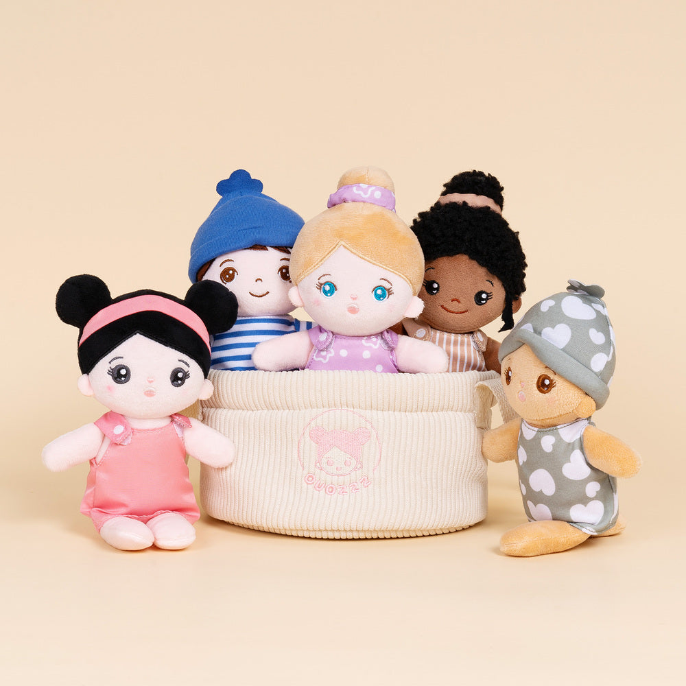 Multi-Ethnic 8'' Plush Dolls Sound Toy Gift | Set Of 5 Dolls + 1 Cloth Basket