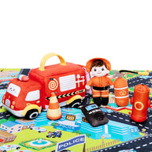 Load image into Gallery viewer, Personalized Baby&#39;s First Fire Truck Plush Sensory Toy Set with 5 Firefighting Supplies