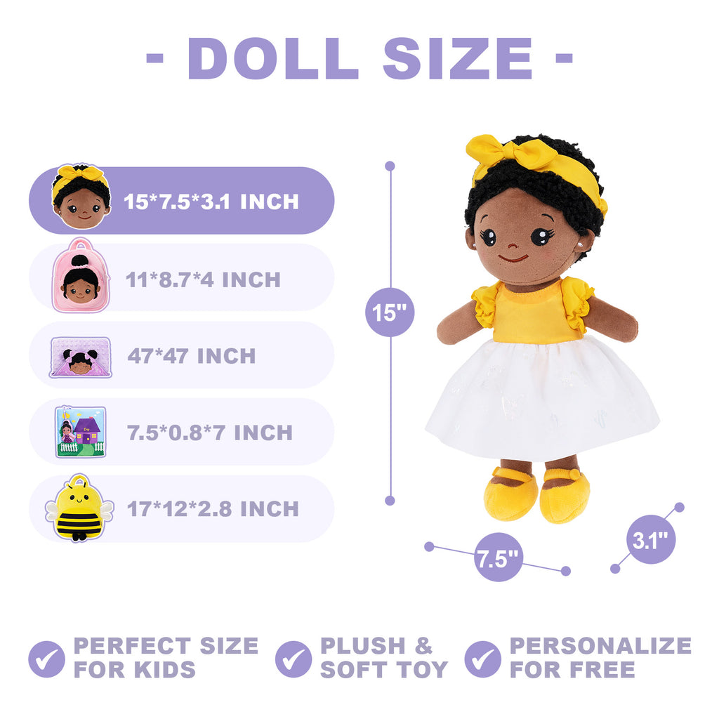 Personalized Deep Skin Tone Plush Nevaeh Yellow Doll + Backpack