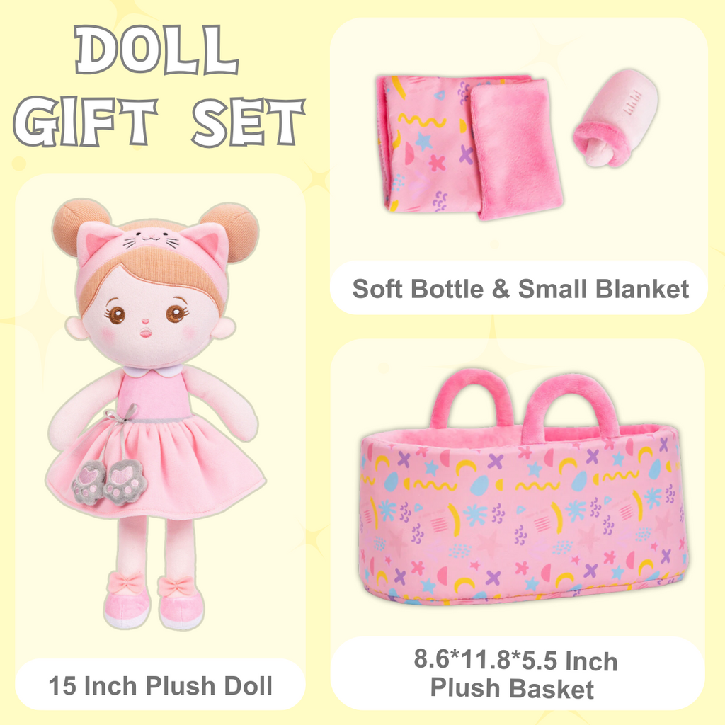 Personalized Pink Cat Girl Doll + Cloth Basket Gift Set