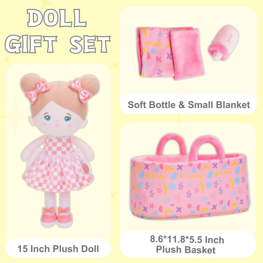 Personalized Pink Plaid Skirt Girl Doll + Cloth Basket Gift Set