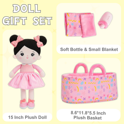 Personalized Black Hair Girl Doll + Cloth Basket Gift Set