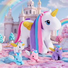 Load image into Gallery viewer, Rapunzelcorn Rainbow Hair Unicorn Mommy Stuffed Animal with 4 Babies Unicorn Inside