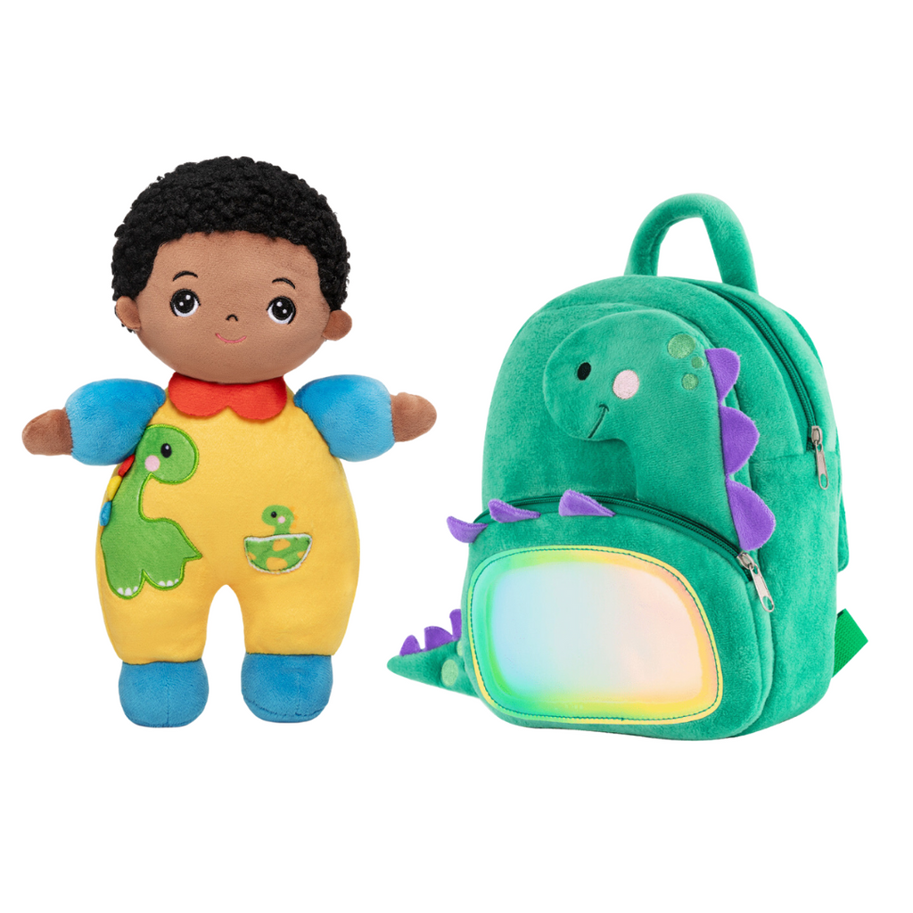 Personalized Dark Skin Tone Plush Baby Boy Doll with Dinosaur Romper