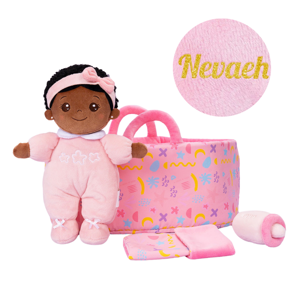 Personalized 10 Inch Plush Girl Doll Bassinet Gift Set