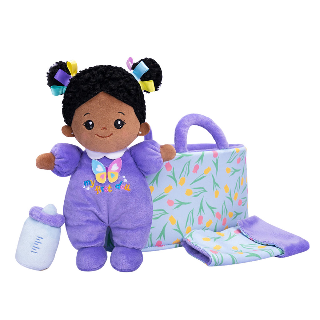 Personalized Purple Deep Skin Tone Mini Plush Baby Doll & Gift Set