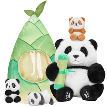 Load image into Gallery viewer, Panda Mommy Plush Stuffed Animal with 3 Babies in Bamboo Bag Set